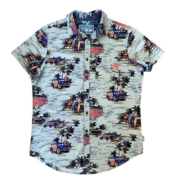 Huntington Beach Club Short Sleeve Button Up Shirt Size S Surfing Board Car Palm - Picture 1 of 11